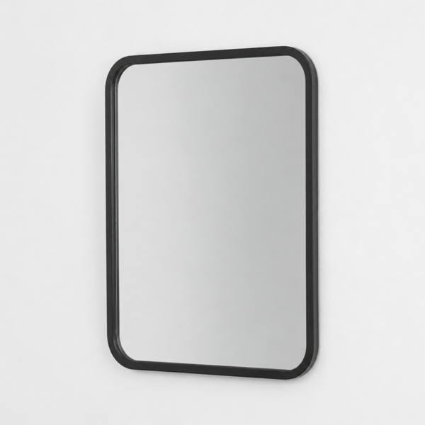 Miroir mural rectangulaire premium avec cadre noir mat et coins arrondis, idéal pour salle de bain, entrée, chambre, dressing ou salon moderne.