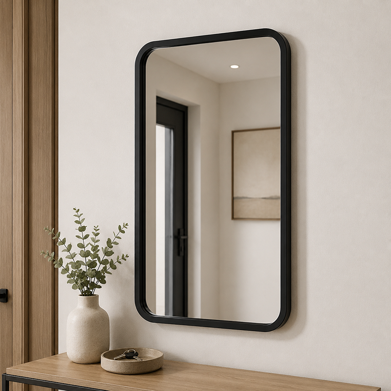 Miroir mural rectangulaire premium avec cadre noir mat et coins arrondis, idéal pour salle de bain, entrée, chambre, dressing ou salon moderne.
