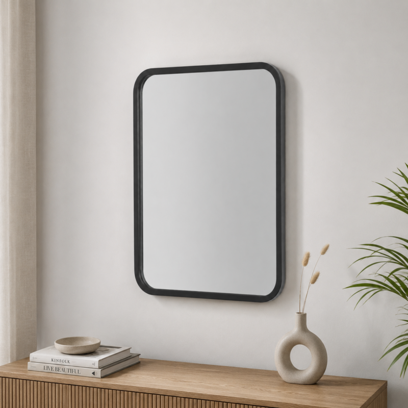 Miroir mural rectangulaire premium avec cadre noir mat et coins arrondis, idéal pour salle de bain, entrée, chambre, dressing ou salon moderne.