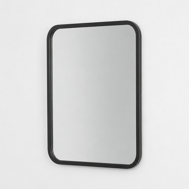 Miroir mural rectangulaire premium avec cadre noir mat et coins arrondis, idéal pour salle de bain, entrée, chambre, dressing ou salon moderne.