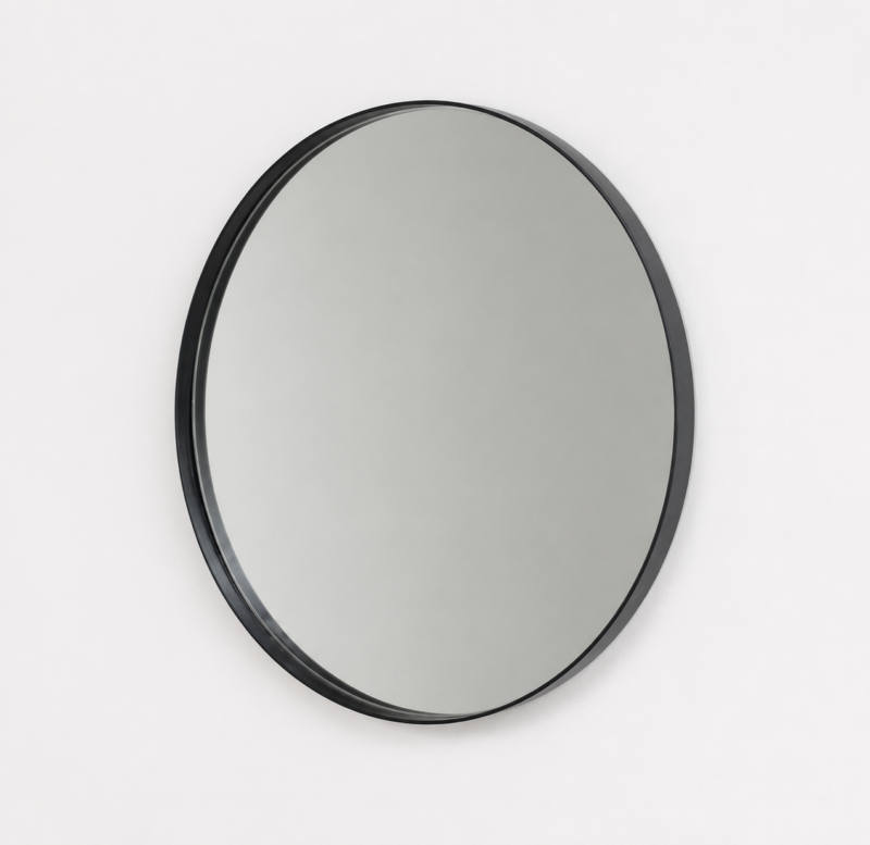 Miroir rond mural avec cadre noir au design moderne, idéal pour la salle de bain, l'entrée, le salon ou la chambre.