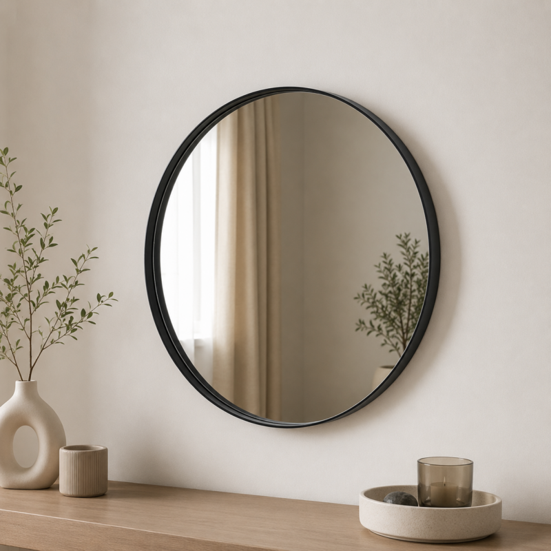 Miroir rond mural avec cadre noir au design moderne, idéal pour la salle de bain, l'entrée, le salon ou la chambre.