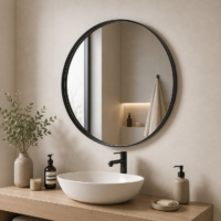 Miroir rond mural avec cadre noir au design moderne, idéal pour la salle de bain, l'entrée, le salon ou la chambre.