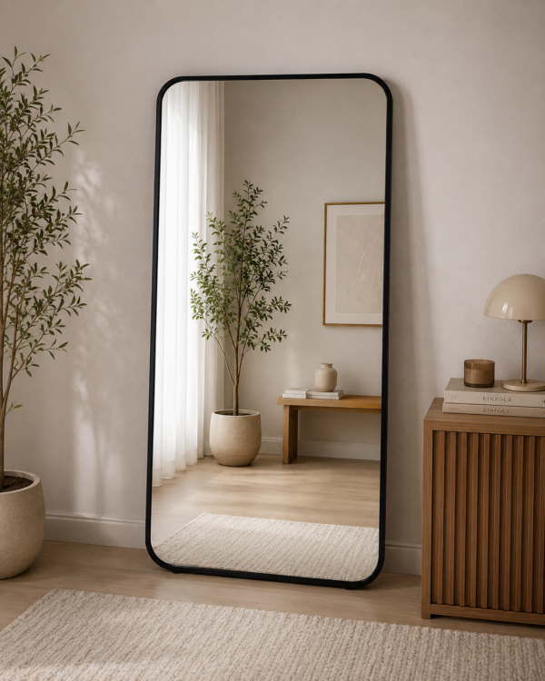 Miroir sur pied rectangulaire à angles arrondis avec cadre noir mat, design moderne et minimaliste, idéal pour chambre, salon, dressing ou entrée
