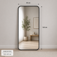 Miroir sur pied rectangulaire à angles arrondis avec cadre noir mat, design moderne et minimaliste, idéal pour chambre, salon, dressing ou entrée.