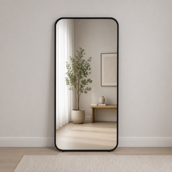 Miroir sur pied rectangulaire à angles arrondis avec cadre noir mat, design moderne et minimaliste, idéal pour chambre, salon, dressing ou entrée