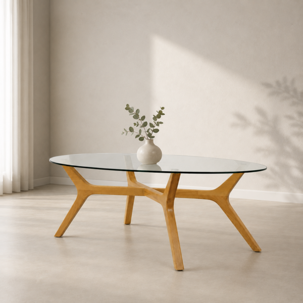 Table basse ovale avec plateau en verre transparent et pieds en bois massif dans un décor minimaliste moderne, idéale pour un salon contemporain.