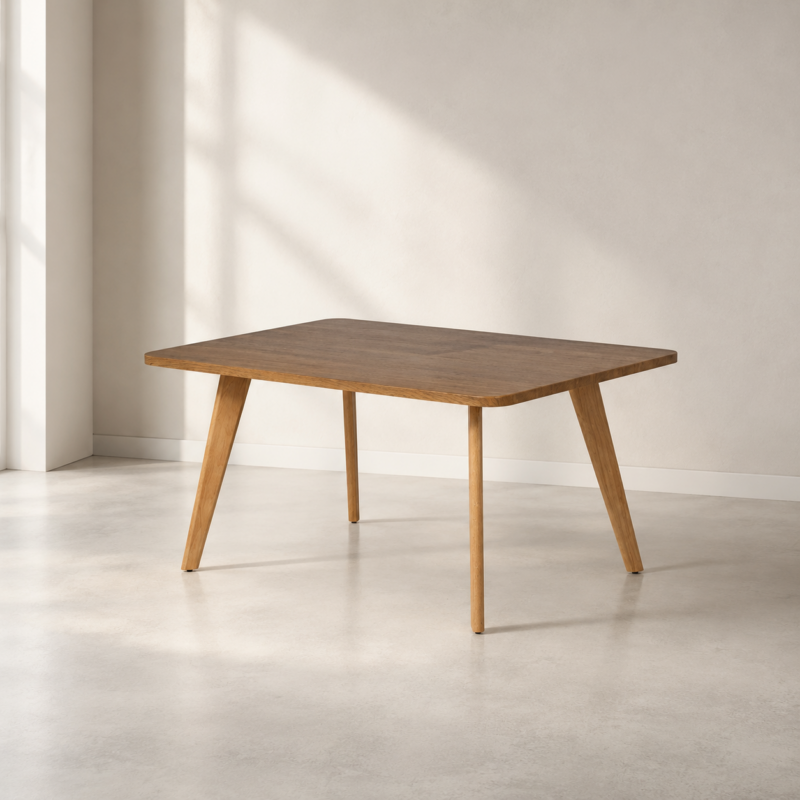 Table basse rectangulaire en finition bois avec pieds inclinés au design moderne, idéale pour un salon contemporain, scandinave ou minimaliste.