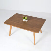 Table basse rectangulaire en finition bois avec pieds inclinés au design moderne, idéale pour un salon contemporain, scandinave ou minimaliste.