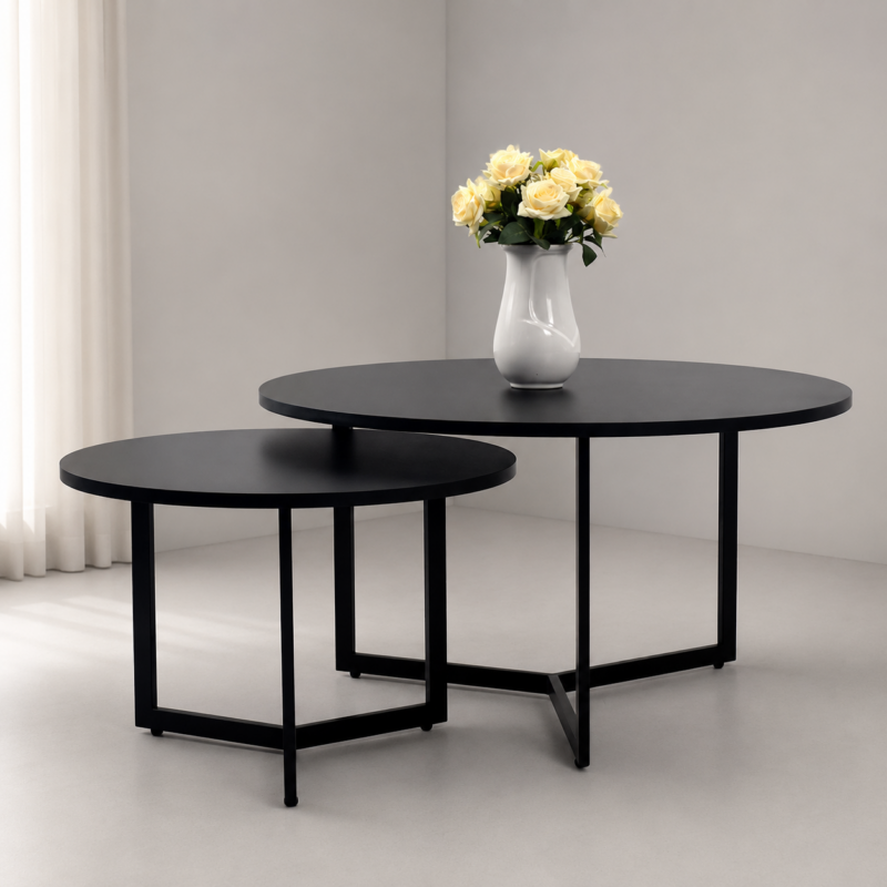 Ensemble de deux tables basses gigognes rondes noires avec structure métallique, style moderne et minimaliste, idéal pour salon contemporain en Tunisie.