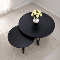 Ensemble de deux tables basses gigognes rondes noires avec structure métallique, style moderne et minimaliste, idéal pour salon contemporain en Tunisie.