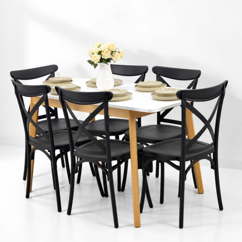 Salle à manger 6 personnes avec table blanche et chaises noires