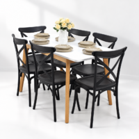 Salle à manger 6 personnes avec table blanche et chaises noires