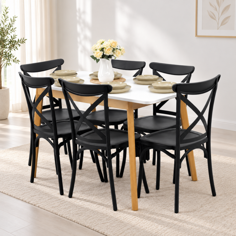 Salle à manger 6 personnes avec table blanche et chaises noires