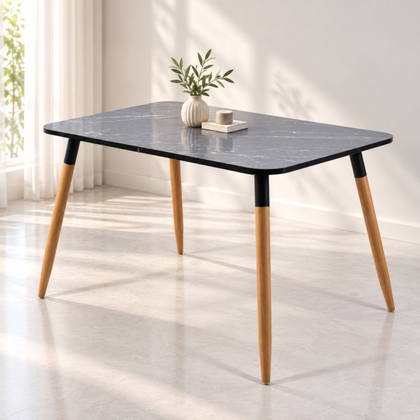 Table à manger rectangulaire effet marbre gris avec pieds en bois naturel
