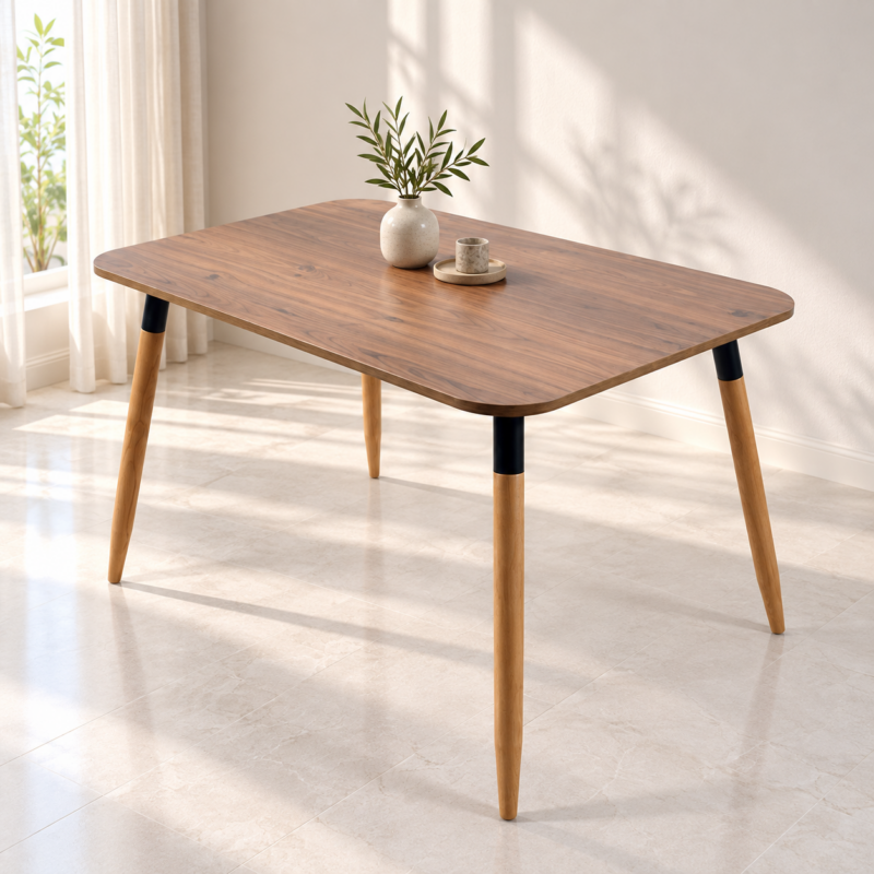 Table à manger rectangulaire effet bois noyer avec pieds en bois naturel