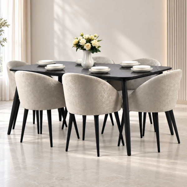 Table à manger noire avec plateau effet marbre et 6 chaises beige