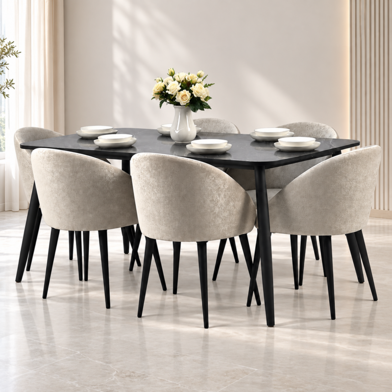 Table à manger noire avec plateau effet marbre et 6 chaises beige