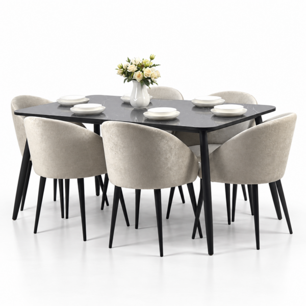 Table à manger noire avec plateau effet marbre et 6 chaises beige