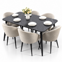 Table à manger noire avec plateau effet marbre et 6 chaises beige