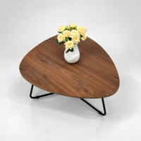 Table basse moderne en bois avec plateau aux formes arrondies et piètement métallique noir dans un décor élégant