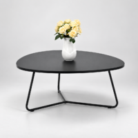 Table basse noire moderne avec plateau arrondi et piètement métallique triangulaire