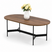 Table basse ovale en bois marron avec pieds et structure métallique noire,