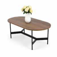 Table basse ovale en bois marron avec pieds et structure métallique noire,