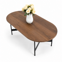 Table basse ovale en bois marron avec pieds et structure métallique noire,