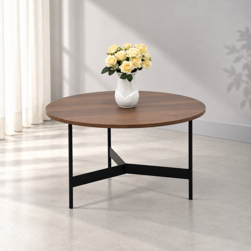 Table ronde en bois marron avec piètement métallique noir dans un intérieur moderne