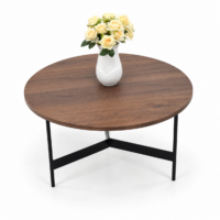 Table ronde en bois marron avec piètement métallique noir dans un intérieur moderne