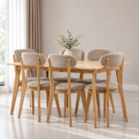 Salle à manger moderne avec table en bois et six chaises en tissu beige